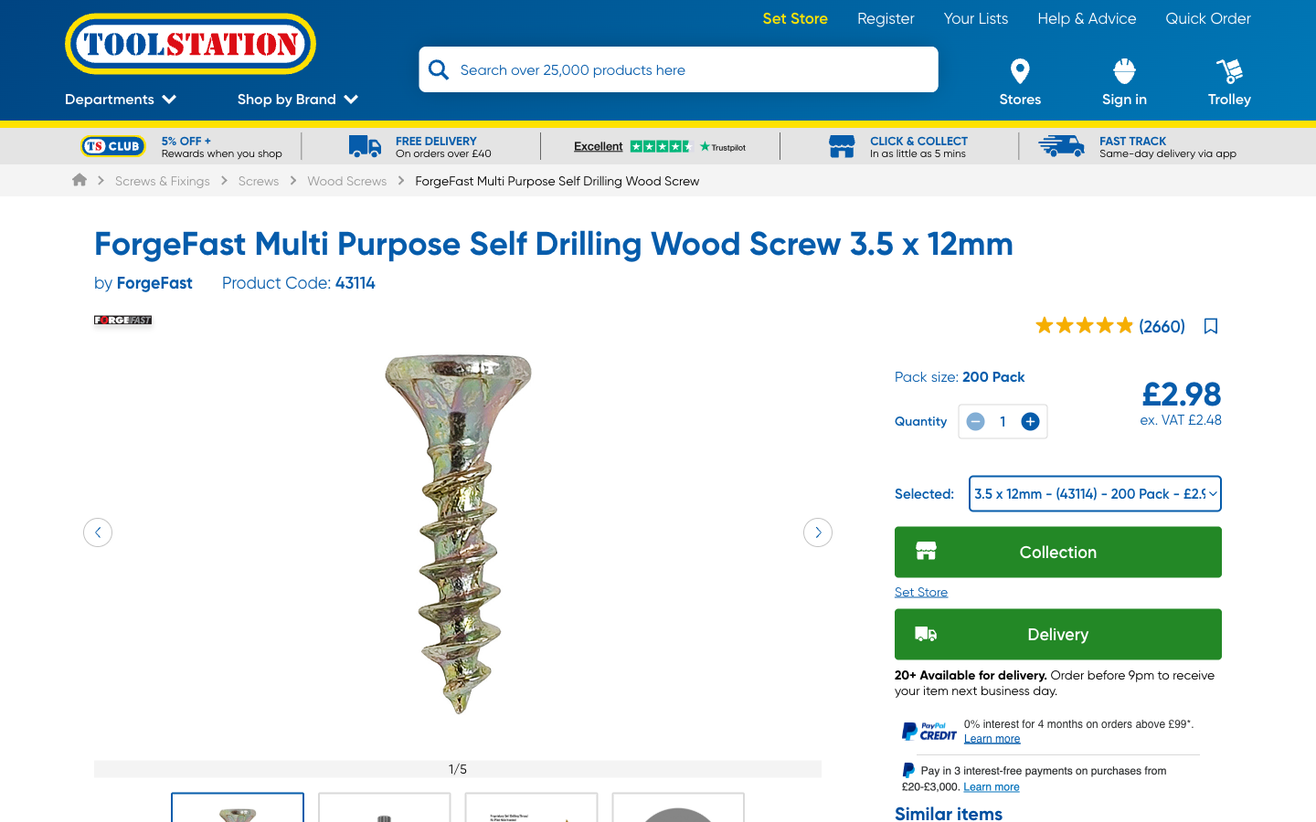 Toolstation ürün sayfası: product code, pack size, ex VAT fiyat ve delivery/collection seçenekleri