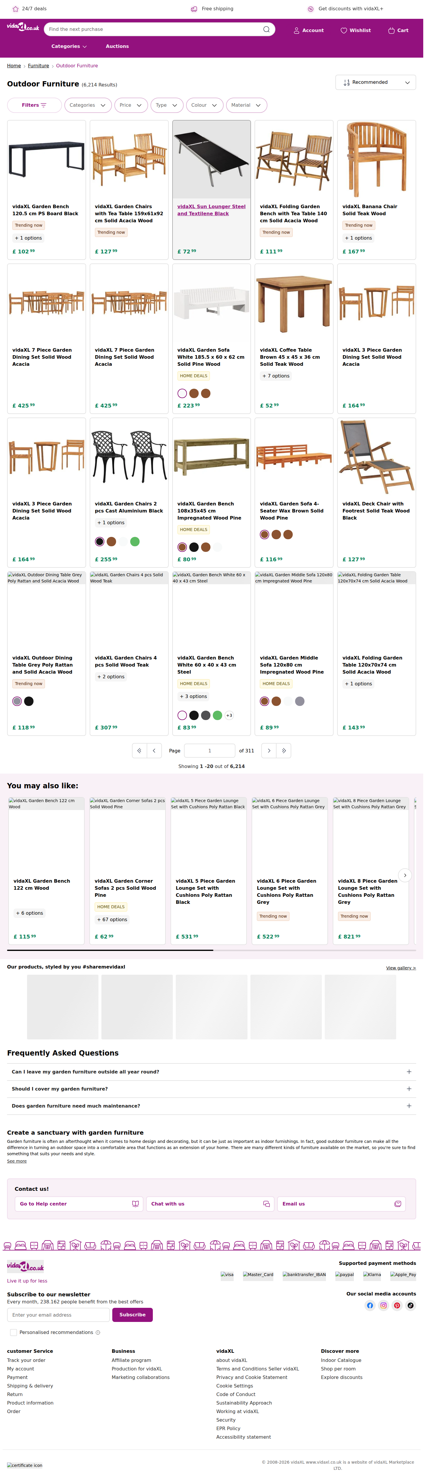 vidaXL UK kategori sayfası: ürün grid’i ve filtreler