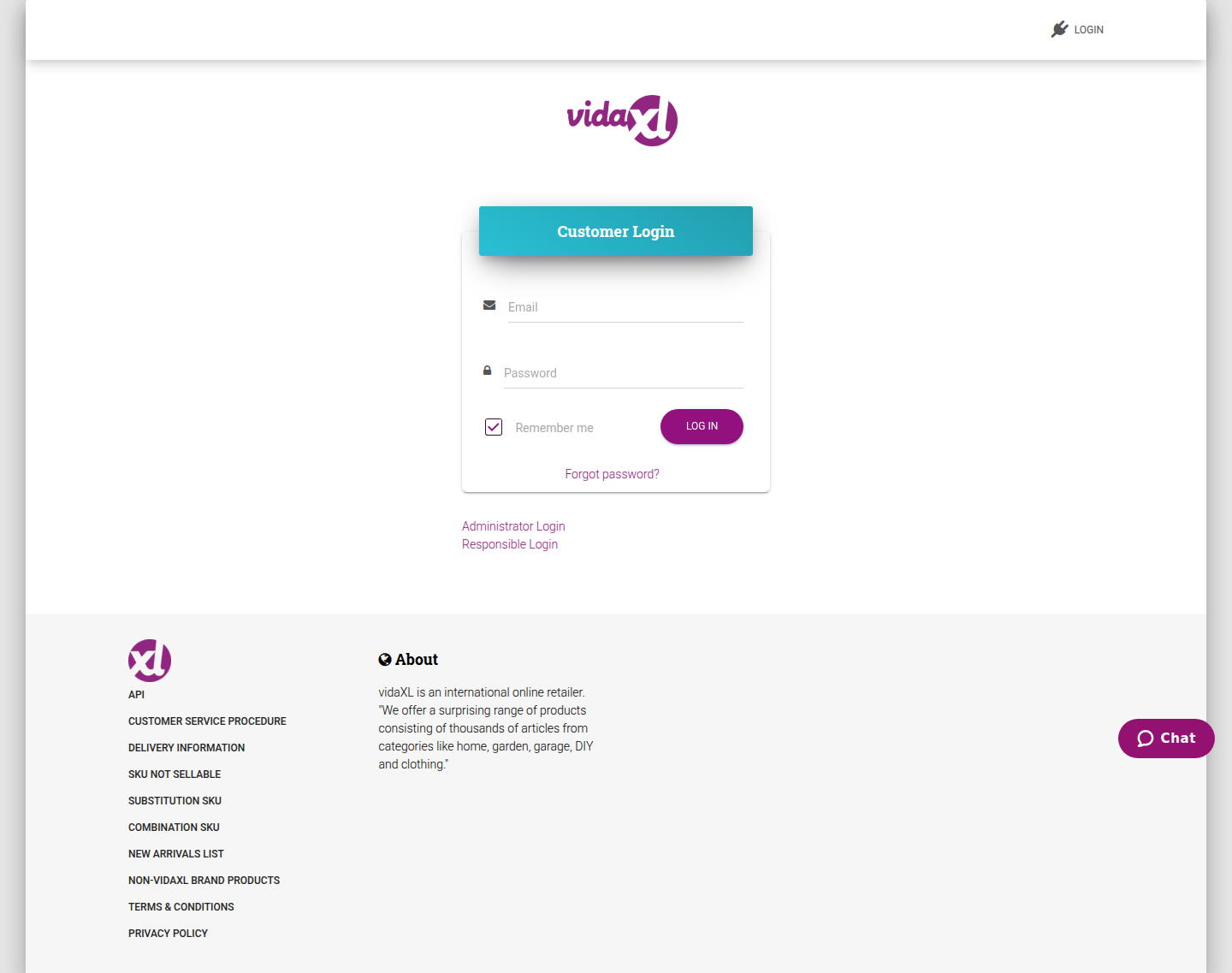 vidaXL B2B (b2b.vidaxl.com) reseller giriş sayfası