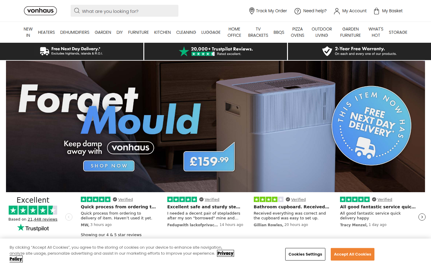 VonHaus UK ana sayfası: navigasyon ve nem alıcı kampanyası