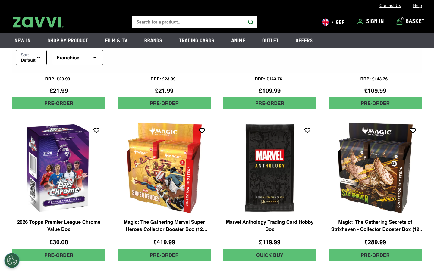 Zavvi kategori sayfası: trading cards ürün grid’i ve filtreler