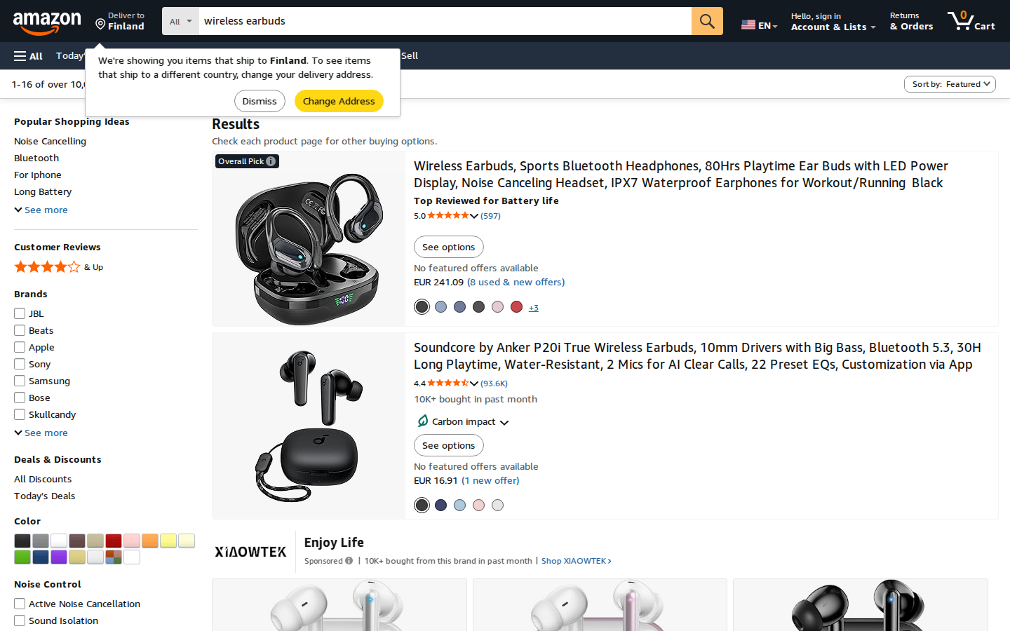 Amazon.com arama sonuçları: ürün grid’i ve filtreler