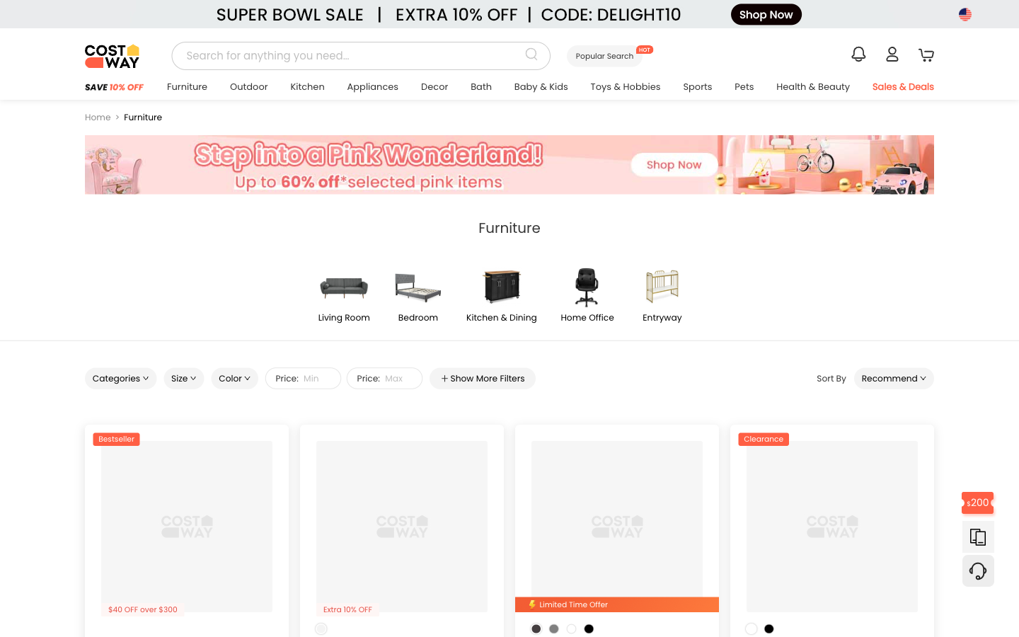 Costway mobilya kategori sayfası; filtreler ve ürün grid’i