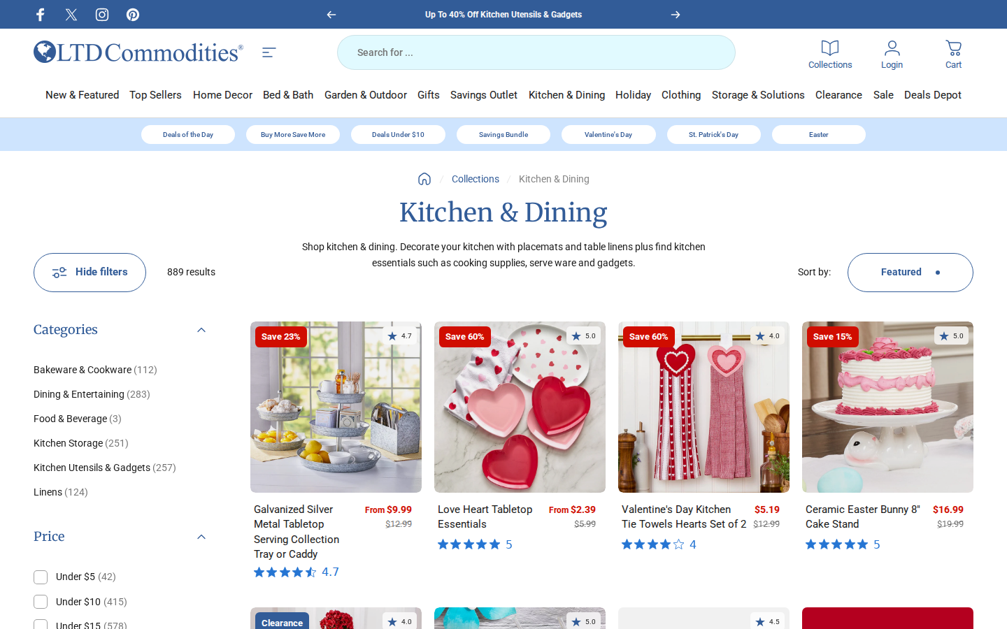 Kitchen & Dining koleksiyonu: ürün grid’i ve filtreler