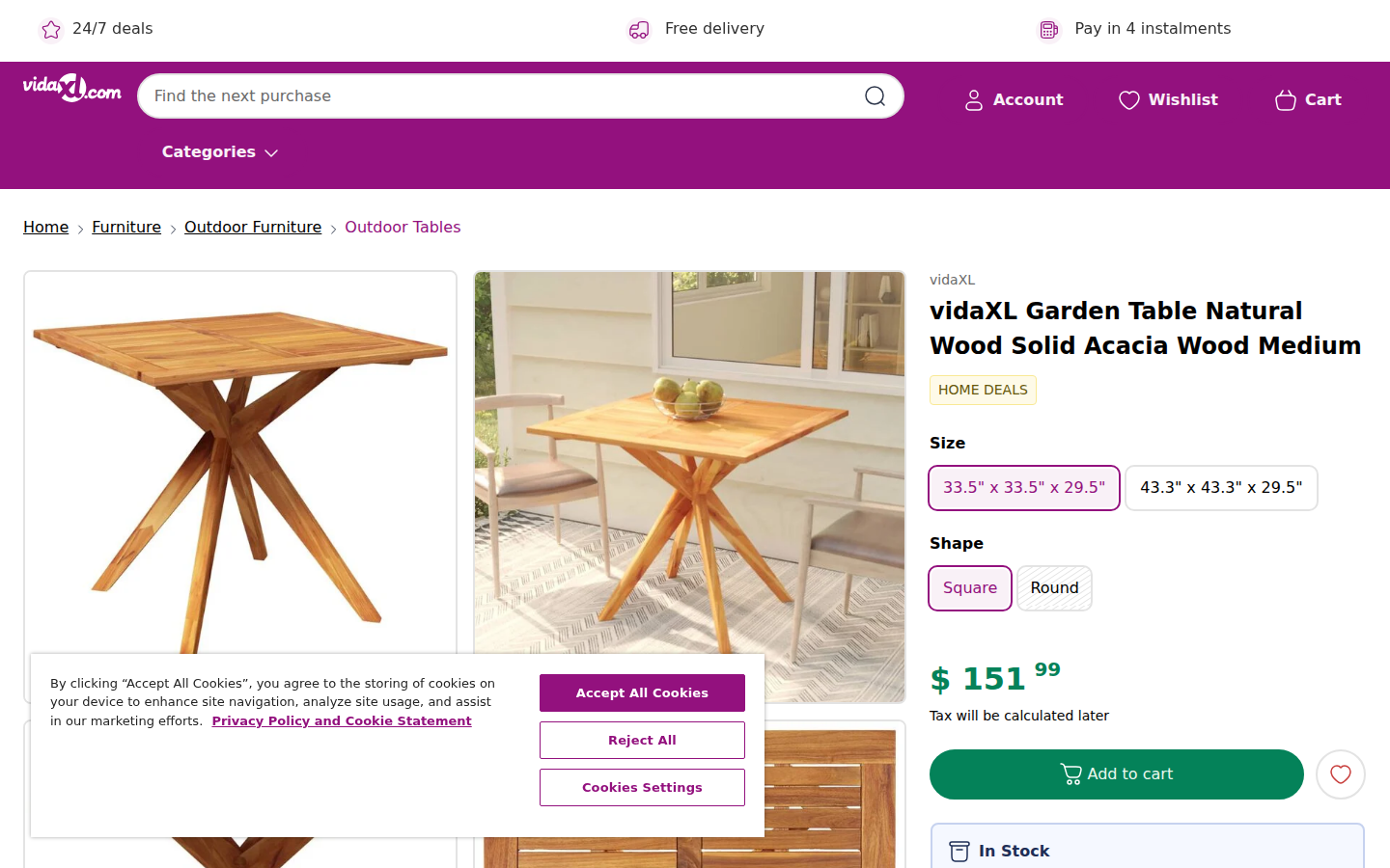 vidaXL ABD ürün sayfası: görseller, fiyat ve spesifikasyonlar