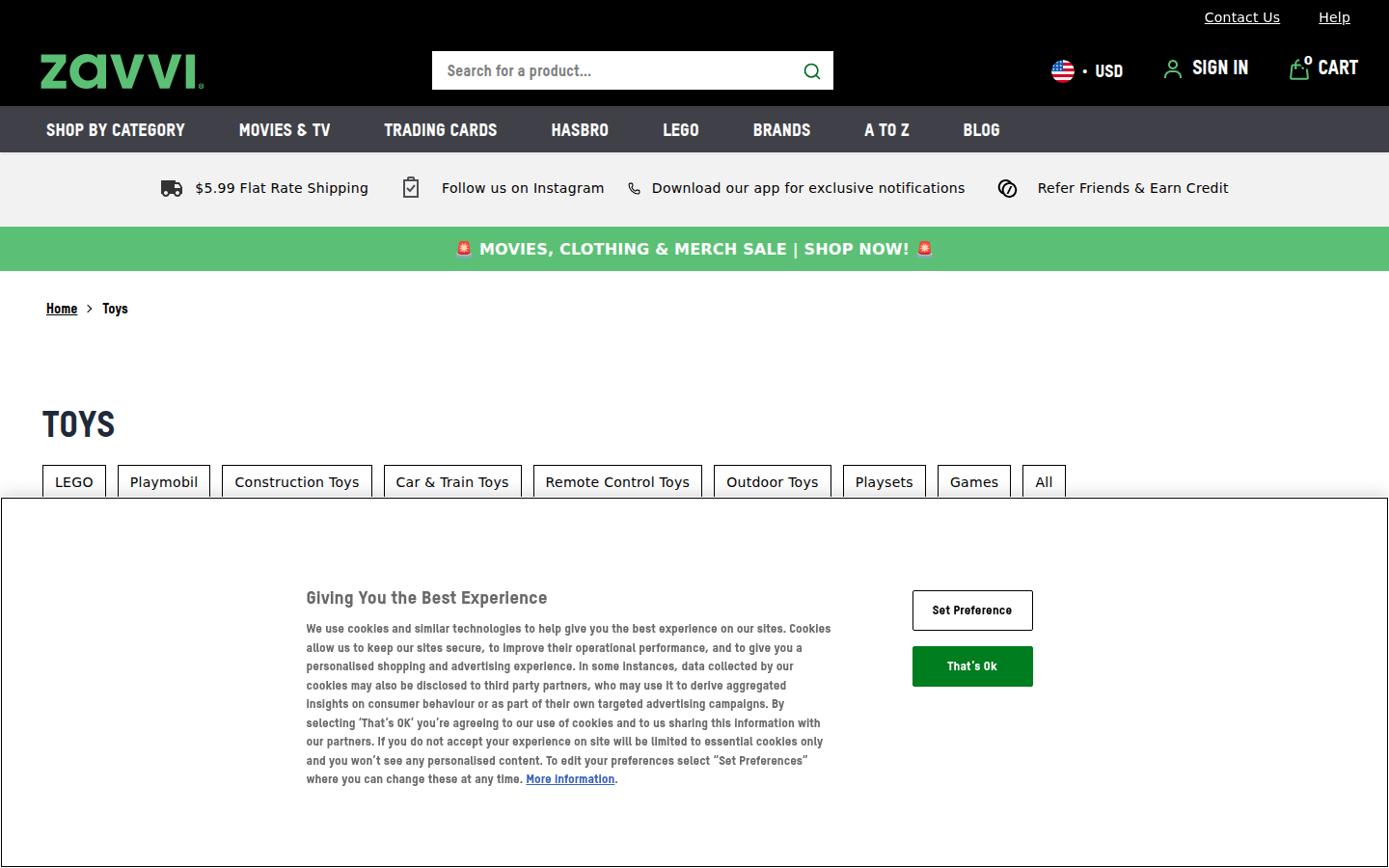 Zavvi US kategori sayfası: oyuncak ürün ızgarası