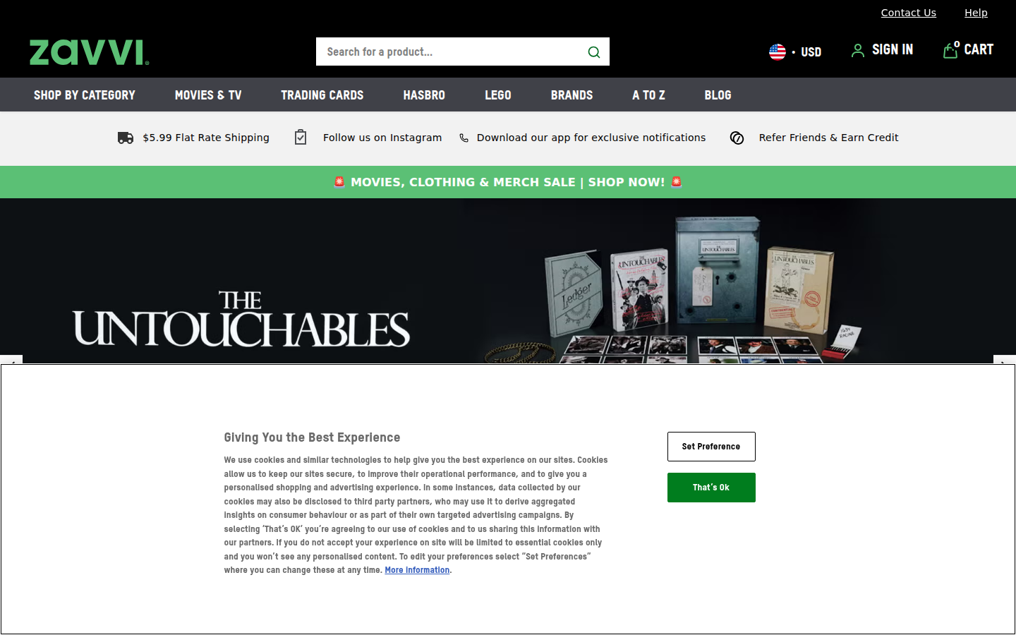 Zavvi US ana sayfa: öne çıkan pop kültür ürünleri ve menü