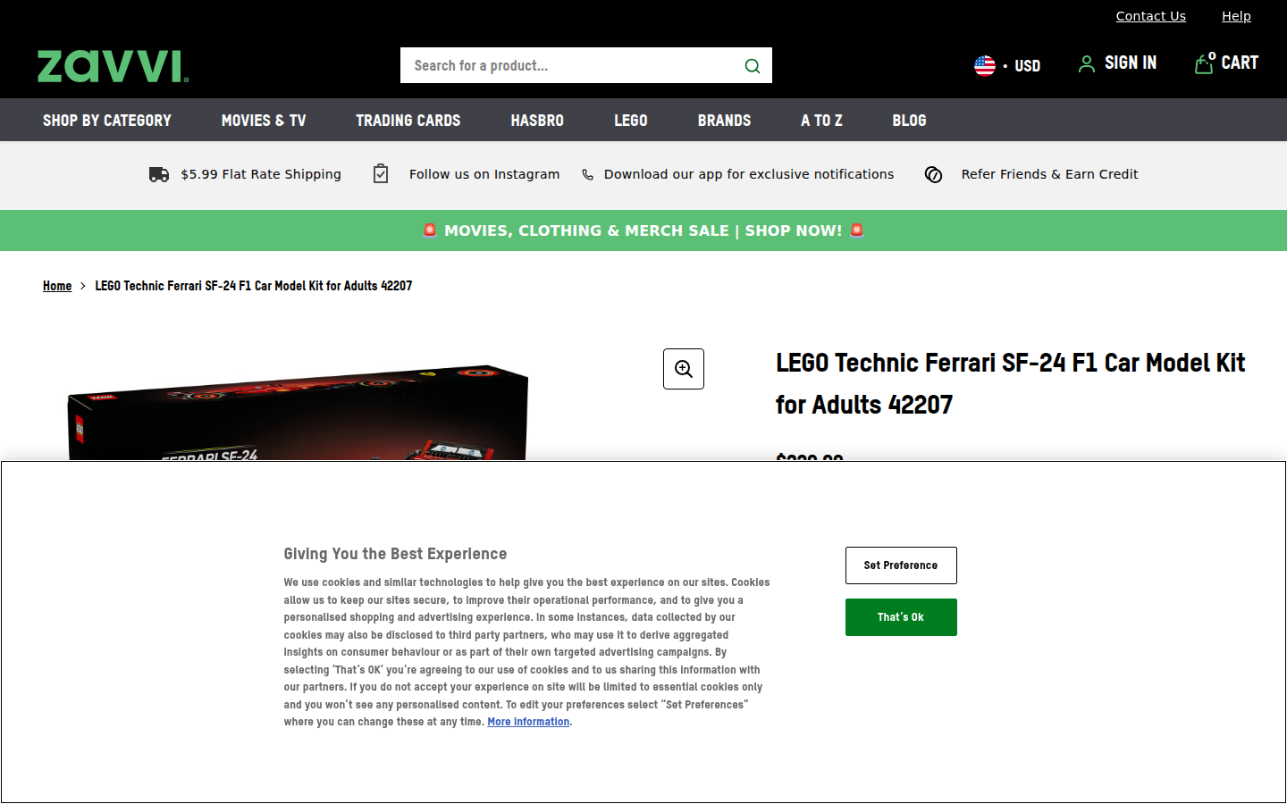 Zavvi US ürün sayfası: LEGO Technic set detayları